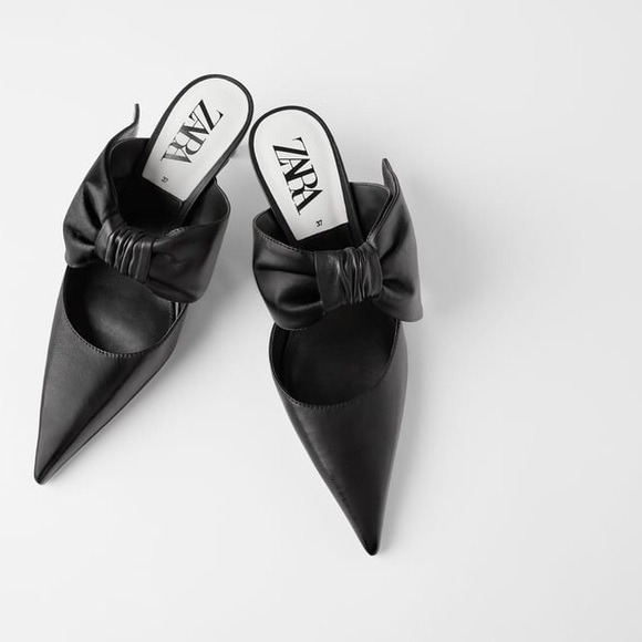 ZARA 100% LEATHER BLACK SLINGBACK HEELS WITH BOW NEW WITH TAGS US 6.5 EUR 37 - Picture 4 of 7